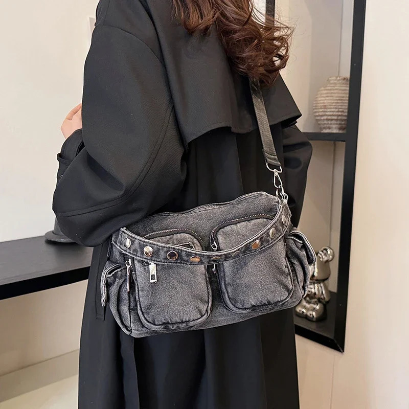 Denim Vintage Crossbody Shoulder Bag Fashion Retro Jeans Tote Bags Large Capacity Multiple pockets Handbags Women Satchel bag 250628