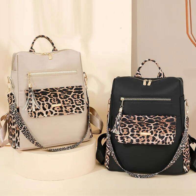 Fashionable Multi-function Leopard Backpacks for Women High Quality Tassel Backpack Lightweight Commute Nylon Travel Bag