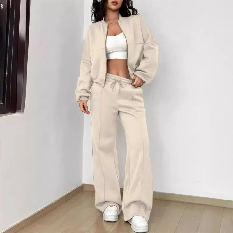 Women Tracksuit 2 Pieces Set Fashion Long Sleeve Zipper Coat Casual Solid Sweatshirt Straight Pants Suit Ladies Autumn Sportswear 250704