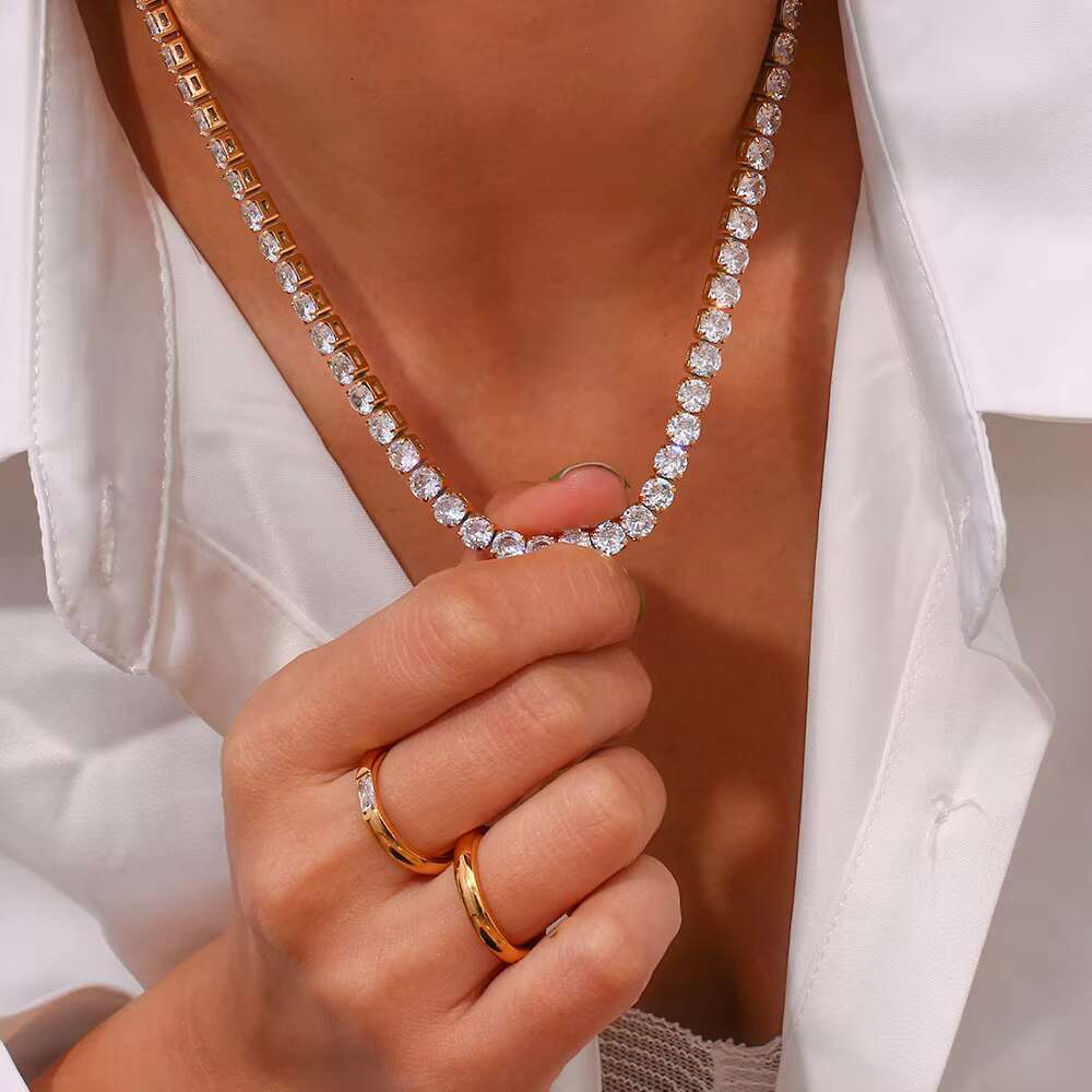 Fashion Jewelry Full Cubic Zirconia Necklaces 18K Gold Plated Stainless Steel Crystal Tennis Chain Clavicle Necklace YF3356