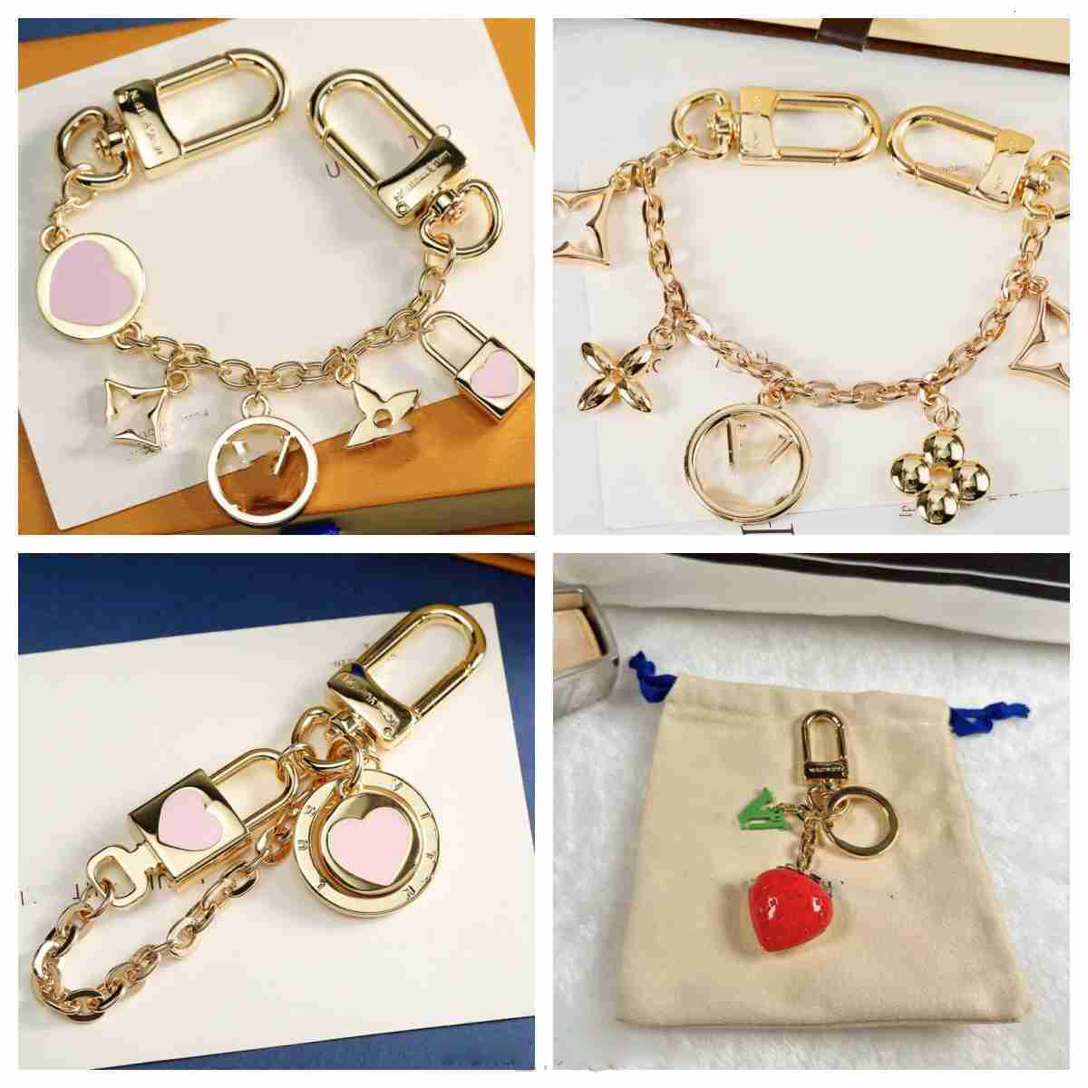 Luxury Keychain designer car golden key buckle ladies classic lock love strawberry keychains Letters with diamonds designer fashionable accessory