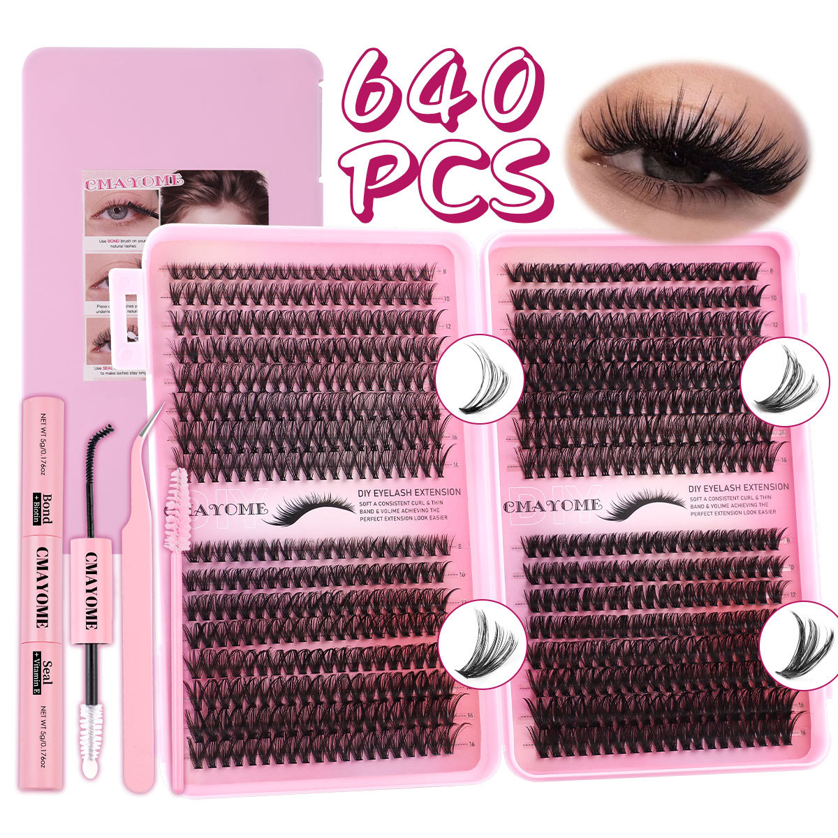 640Pcs DIY Individual Eyelashes Thick Fluffy Cluster Lashes Kit with Lash Bond & Seal Brushes Handmade Reusable DIY Segmented Eyelash Extensions Makeu
