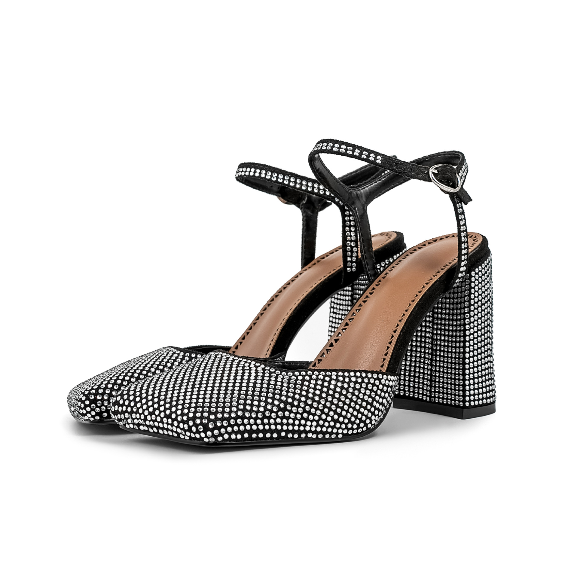 Sandals Women Shoes Square Toe Rhinestone Strap 5.5cm Block Heel Dress Sandals Adjustable Buckle Shoes 7 Color Options