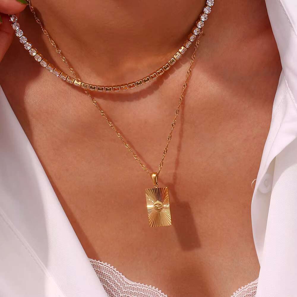 Fashion Jewelry Full Cubic Zirconia Necklaces 18K Gold Plated Stainless Steel Crystal Tennis Chain Clavicle Necklace YF3356