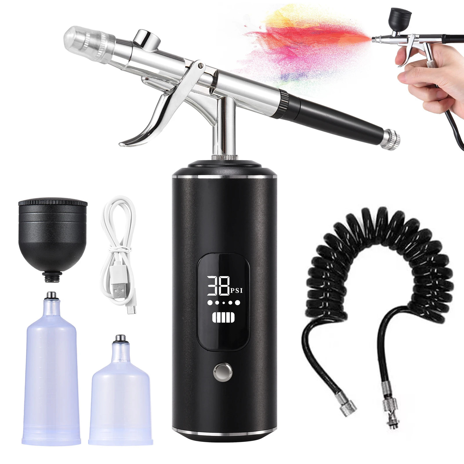 Portable Rechargeable Dual Action Air Spray Gun Kit with Rechargeable Battery Wireless Handheld Air Spray Gun Compressor Set fo 250630