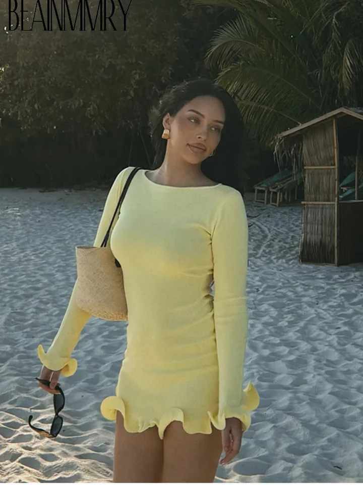 2025 Elegant Yellow Slim Fit Mini Dress Women High Waist Full Sleeve Ruffle Hem Pleated Vestido Female Holiday Summer Party Wear 250703
