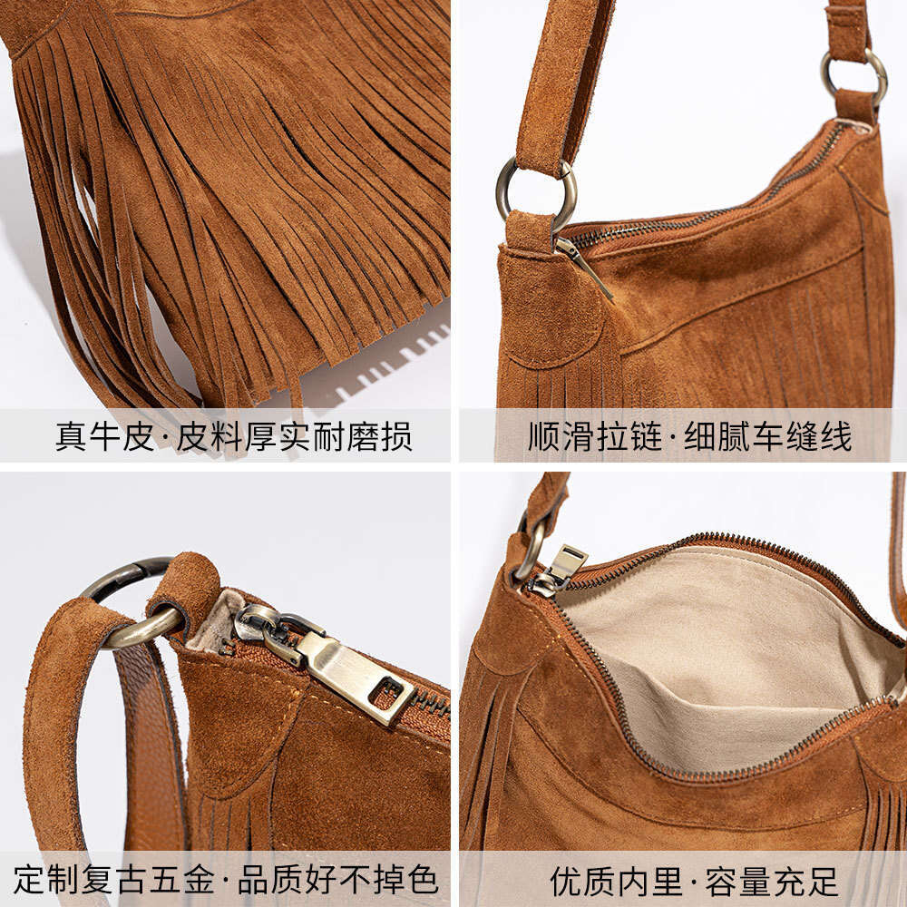 Luxury designer American tassel niche matte cowhide casual slung fashion one-shoulder hot ladies handbag.