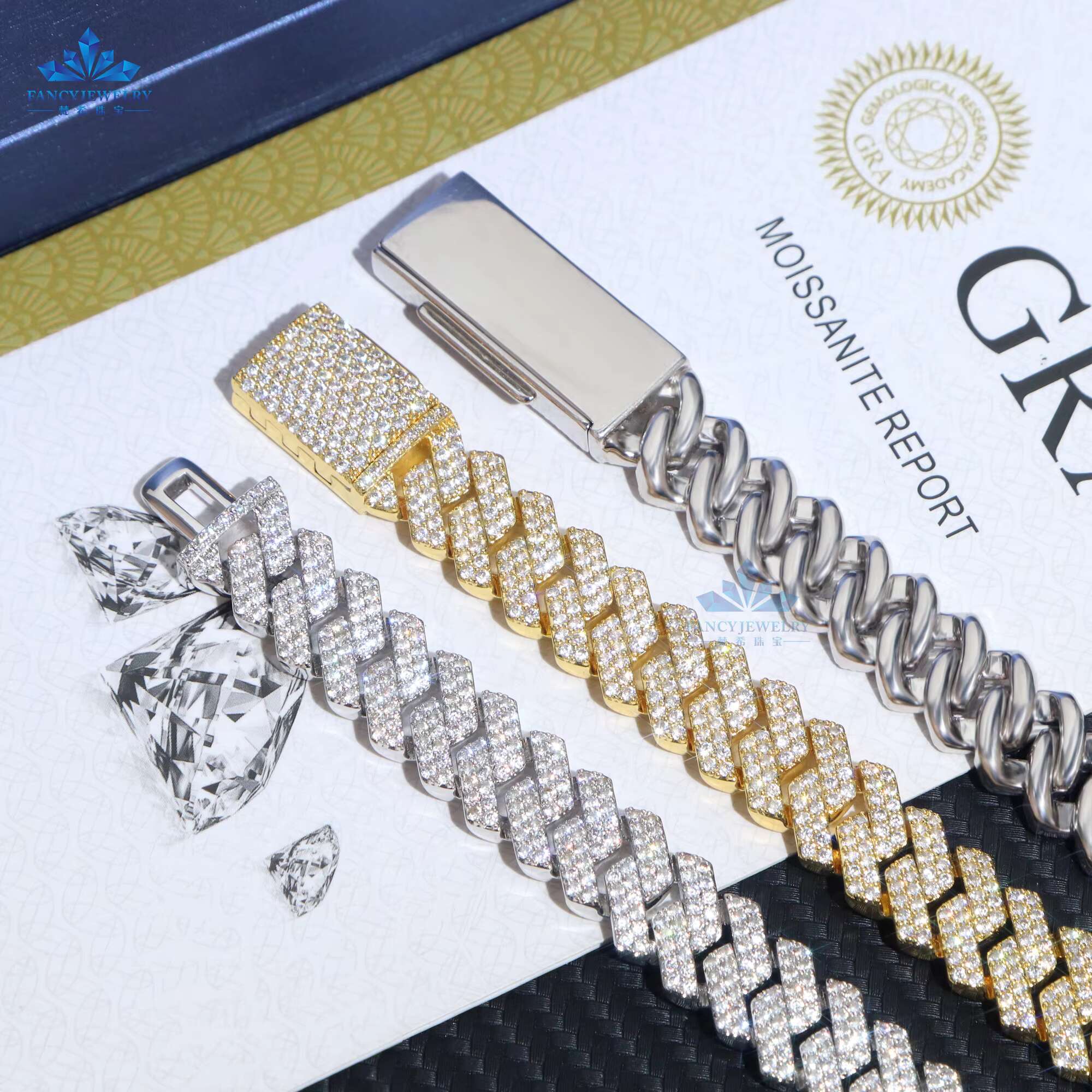 High Quality Luxury 2 Rows Vvs Moissanite Cuban Chain 10mm 12mm Hip Hop 925 Sterling Silver Cuban Link Chain