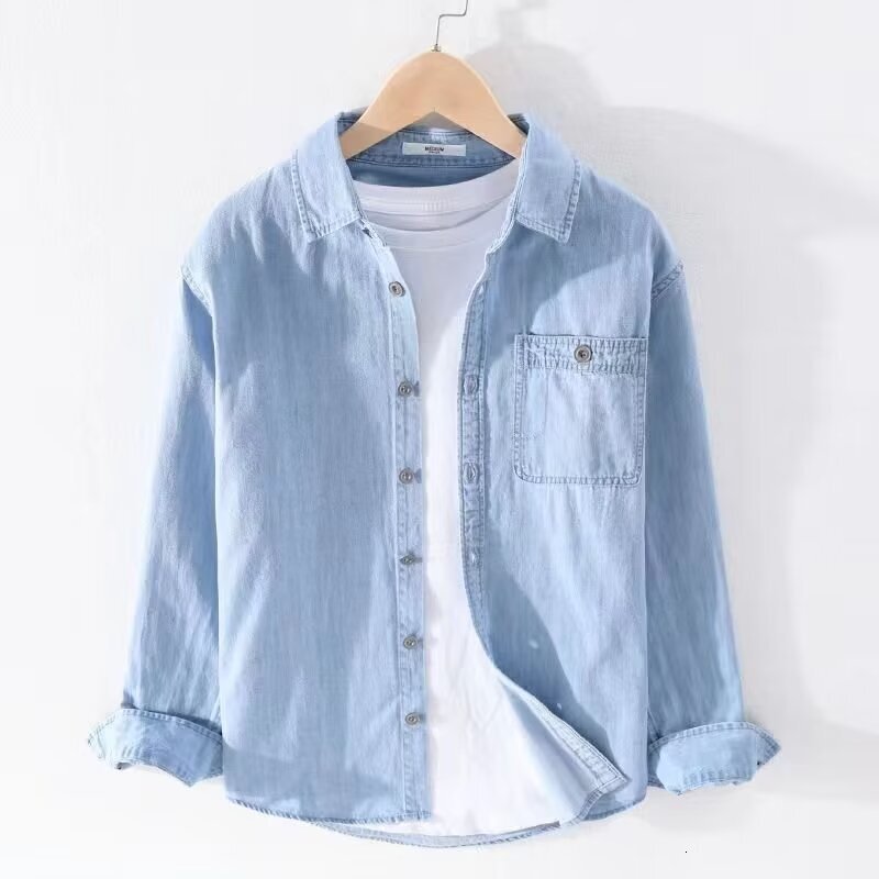 Spring Summer Casual Men's Denim Long Sleeve Pure Cotton Stylish Simple Versatile Fashion Thin Trendy Shirt for Handsome Men