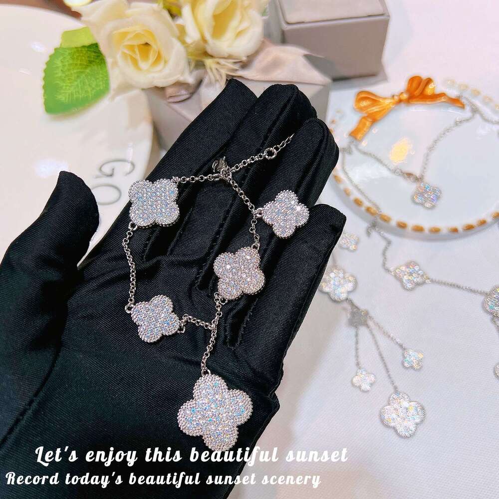 Full Dia Four-Leaf Flower Necklace Pendant Long Chain Set Elegant Fairy Earrings Studs Style Bracelet Jewelry ab2