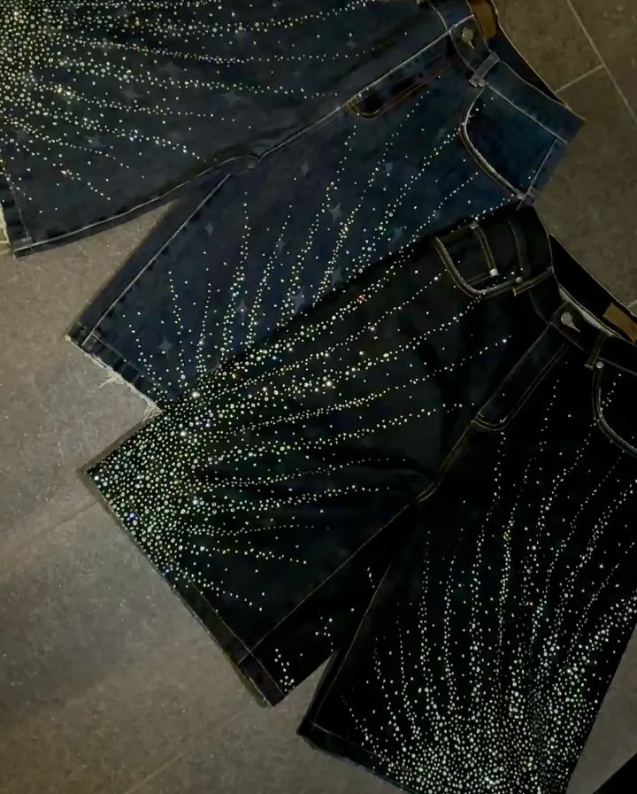 Diamond Starlight Embroidery Denim Shorts Y2K Gothic Boxing Retro Rhinestone Decoration Black Baggy Short Men Streetwear Jorts 250704