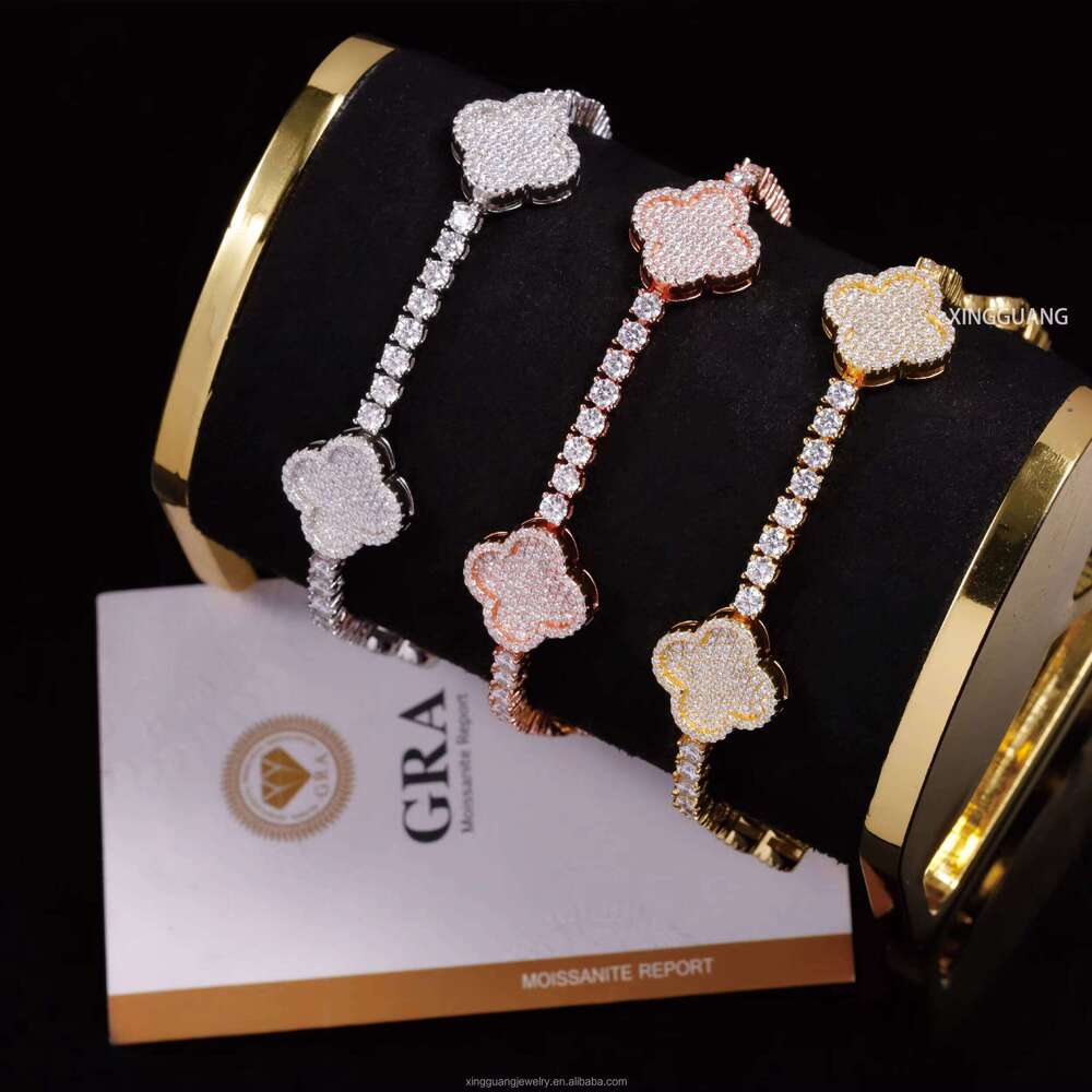 Fashion Four Leaf Gold Plated S Sier 3MM 4MM Mossanite Link Clover Charms Tennis Chain Jewelry Bracelet