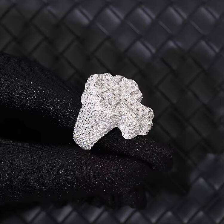 Fully Iced Out Jewelry Hip Hop Gold Plated Sterling Sier Vvs Baguette Moissanite Dia Cross Ring