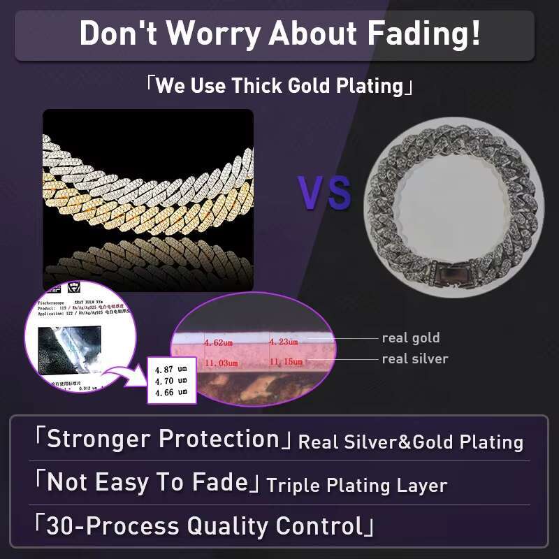 Hip Hop Jewelry 12mm 2 Rows of Diamond Necklace 18K Gold Plated VVS Moissanite Bracelet 925 Silver Iced Out Cuban Link Chain