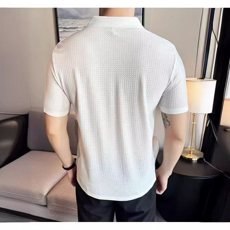 Designer Short Sleeves Summer Men's Short Sleeve Turn-down Collar T-shirt Trendy Korean Version Slim Fit British Style High Elasticity V-neck Ice