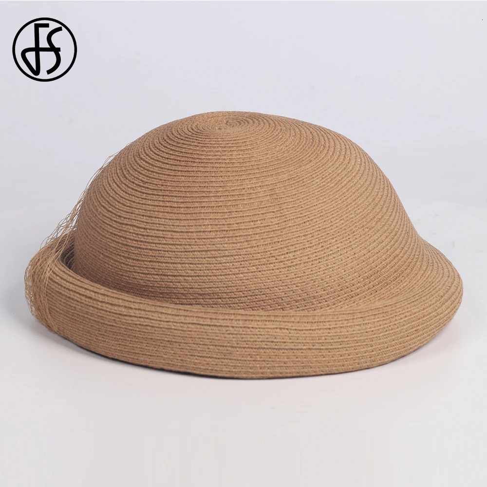 FS 2025 Summer Straw Fedora Camel Hat French Elegant Bow Fascinator Beret for Womens Cocktail Derby Party Church Wedding 250701
