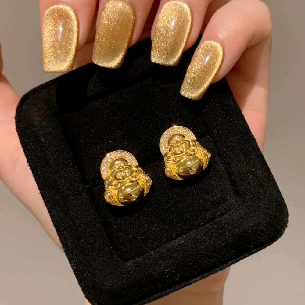 New Chinese Style Mini Small Fashion Exquisite Inlaid Dia Gold-Plated Maitreya Buddha Earrings for Women f37