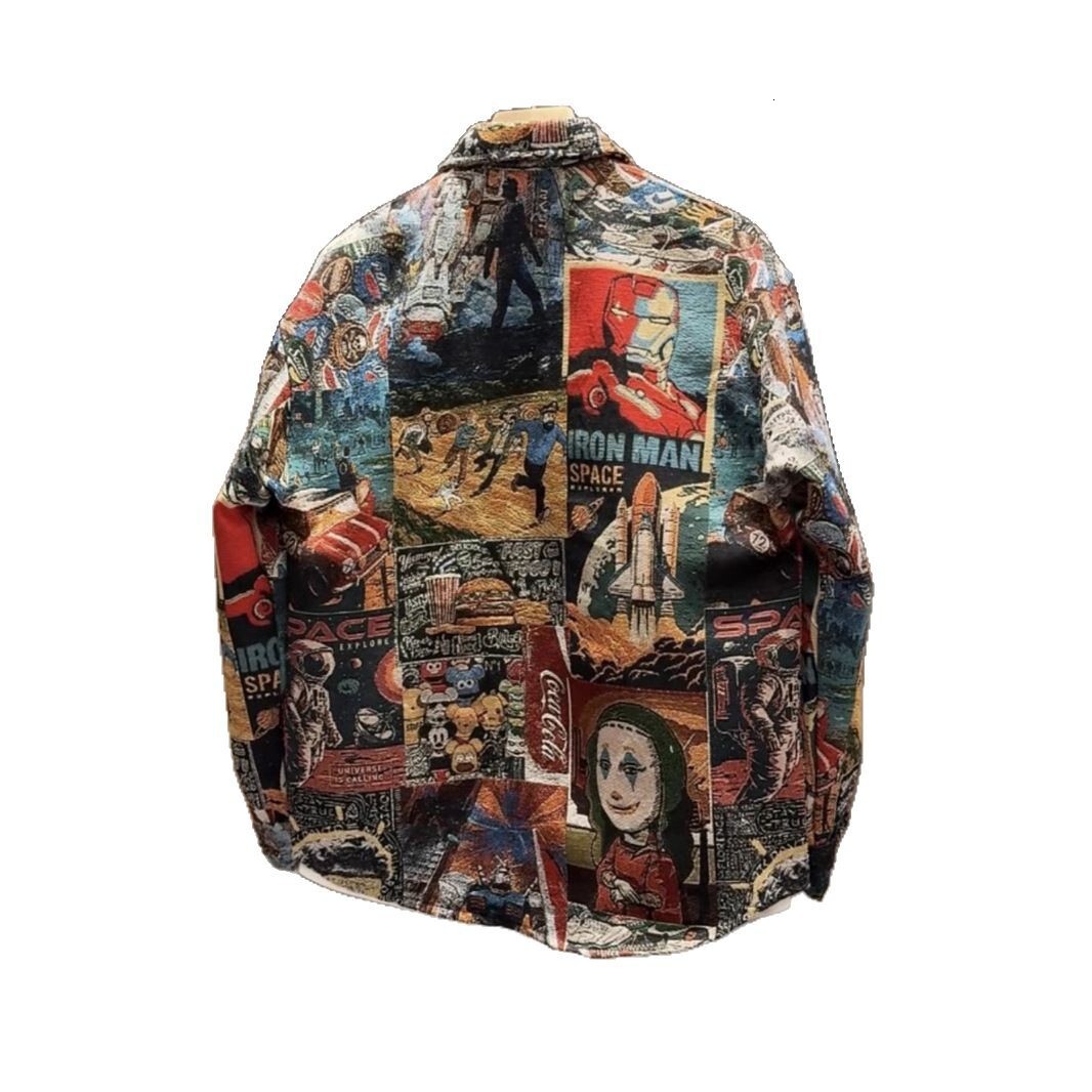 Spring And Autumn New Men's Trendy Color-woven Jacquard Designer Short Sleeves Painted Shirt Unisex Fashion Versatile Loose Casual Jacket