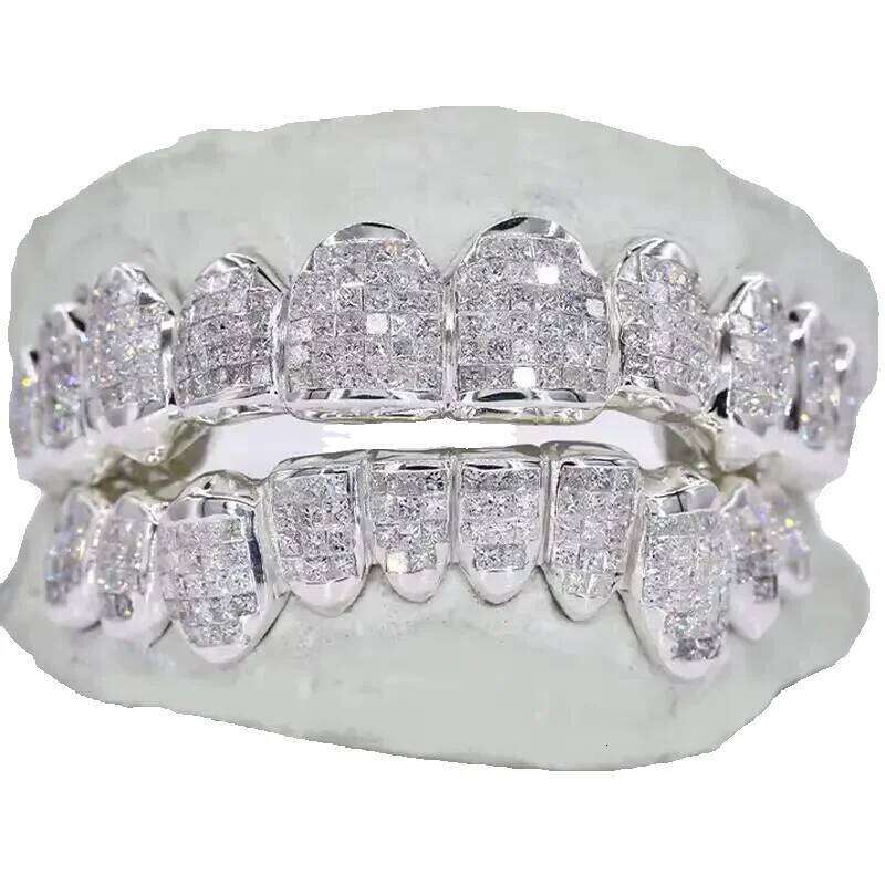 Teeth Custom Sterling Sliver Princess Cut Dia Grillz Iced Out VVS Moissanite Women and Men Hip Hop Jewelry