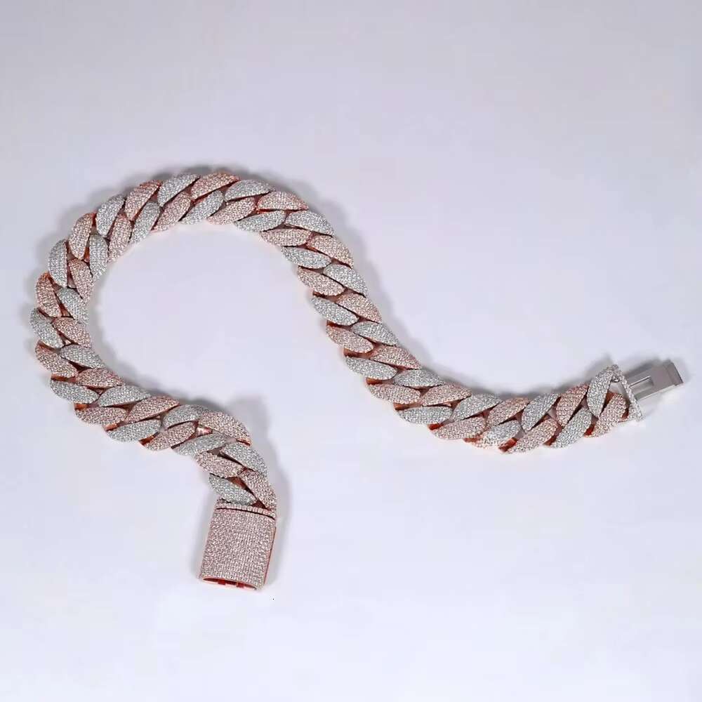 22 Inch Hip Hop Cuban Chain Round Cut Moissanite Diamond Sterling Silver Jewelry Collection for Men Rose and White Cuban Chain