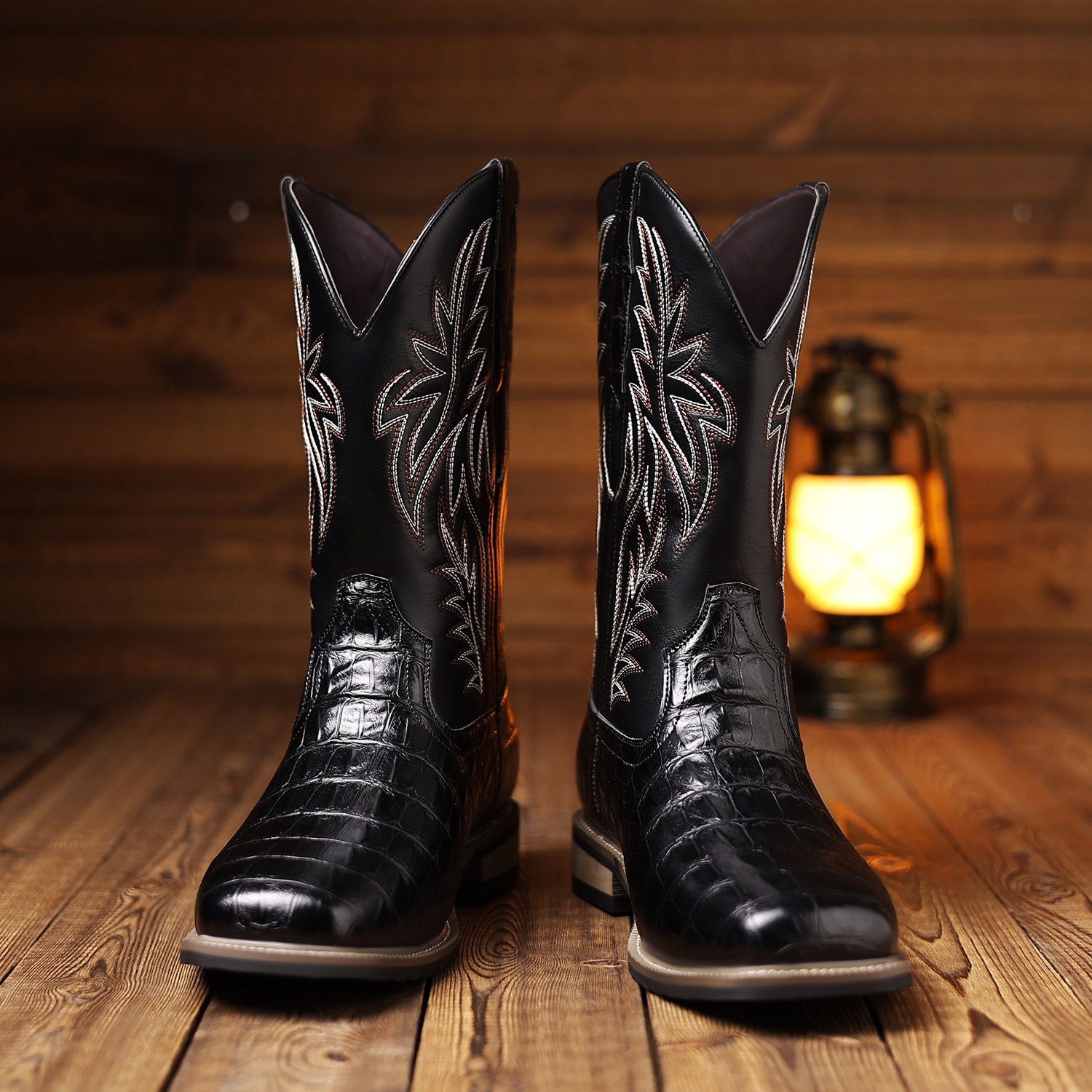 Crocodile pattern wooden root classic high tube embroidery retro wide head western cowboy boots
