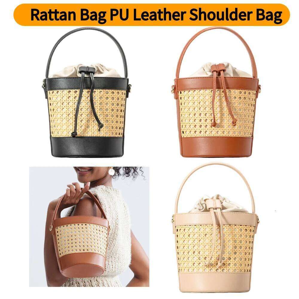 Summer Hollow Shoulder Straw Beach Tote PU Leather Bucket Bag Holiday Travel Handbag For Women
