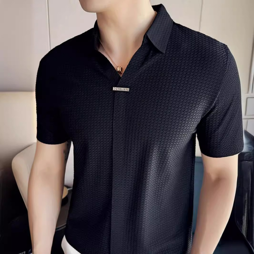 Designer Short Sleeves Summer Men's Short Sleeve Turn-down Collar T-shirt Trendy Korean Version Slim Fit British Style High Elasticity V-neck Ice