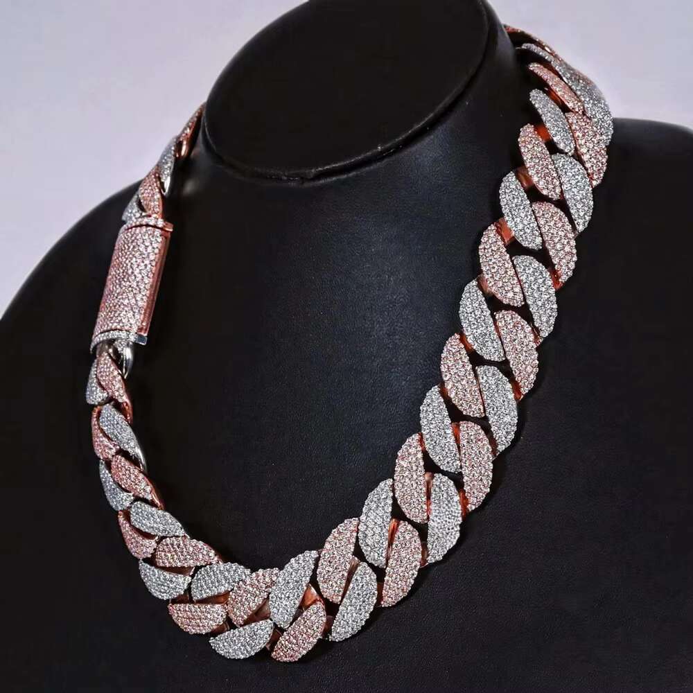 22 Inch Hip Hop Cuban Chain Round Cut Moissanite Diamond Sterling Silver Jewelry Collection for Men Rose and White Cuban Chain