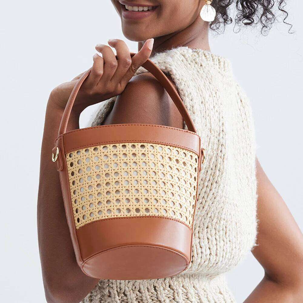 Summer Hollow Shoulder Straw Beach Tote PU Leather Bucket Bag Holiday Travel Handbag For Women