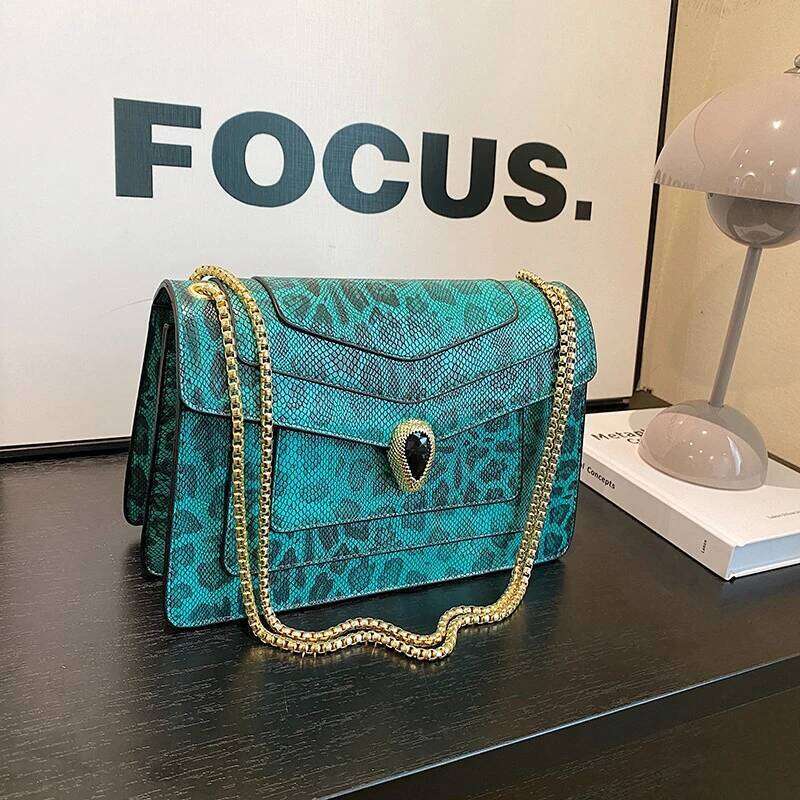 Women's Small Square Design Crocodile Leather Shoulder Gem Buckle Flap Crossbody Bag Evening Chain Handbag - view 7