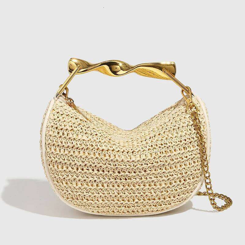 Trendy Metal-Handled Wicker Crescent Versatile Crossbody Shoulder Stylish Boho Straw Purse Women Exquisite Dumpling Bag