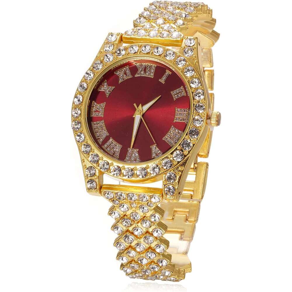 Dias Watch Iced Out, Kid's Real Gold/Platinum White Gold Plated 36MM Width Green/Blue/Red Dial Quartz Wristband 8" with Cuban Link Chain 7"+16" Bracelet, Free
