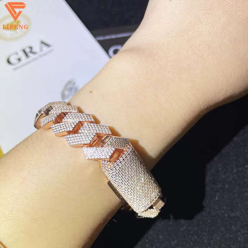 Factory Price15mm With 925 Solid Silver Iced Out Hip Hop Jewelry Moissanite Cuban Link Chain Bracelet Men