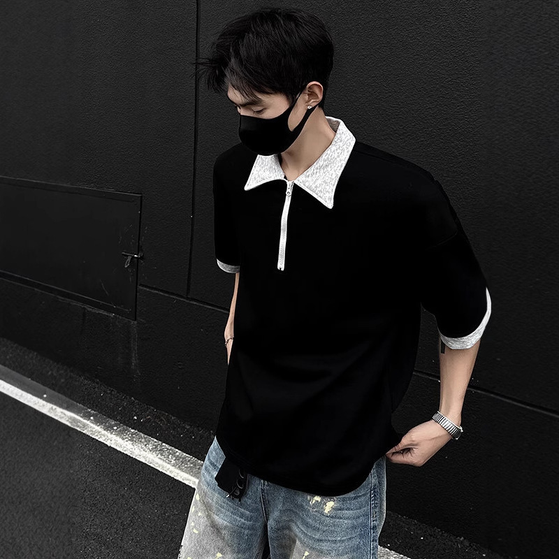 American Style Half-zip Polo Shirt Men Short Sleeve Summer Trendy Designer Short Sleeves Cool High Street Cleanfit Outfit Turn-down Collar T-shirt Top
