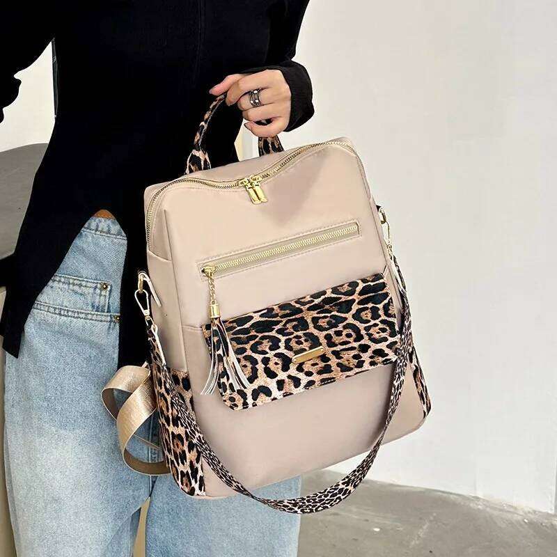 Fashionable Multi-function Leopard Backpacks for Women High Quality Tassel Backpack Lightweight Commute Nylon Travel Bag