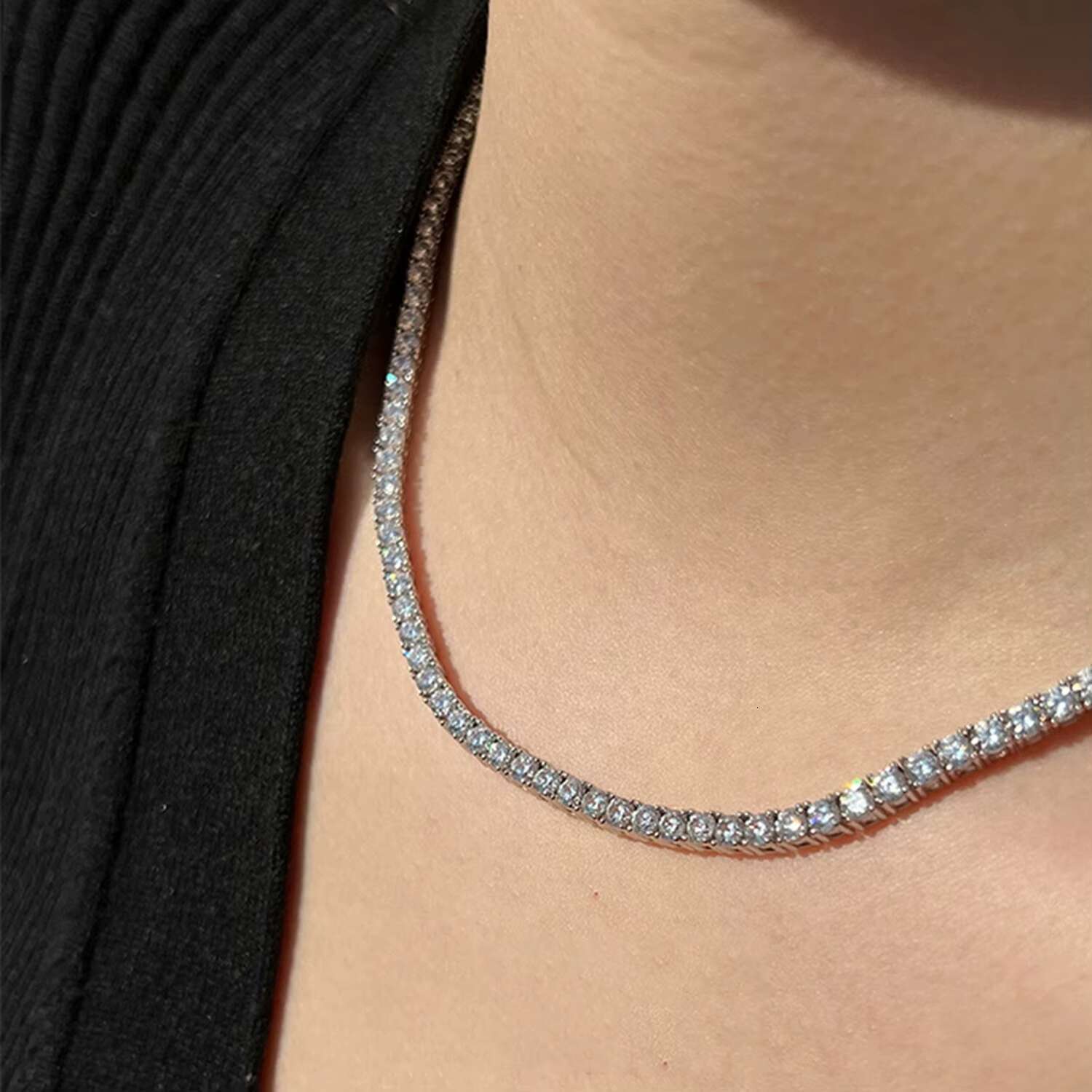 Custom Tennis Chain Jewellery 925 Sterling Silver 2 mm 3 mm 4 mm Zircon Cubic Zirconia Mosaic Diamond Tennis Necklace Adjustable