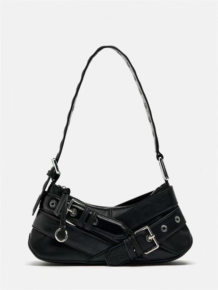 Cross border women s bag new original retro black trend trend spicy girl motorcycle bag designer bag single shoulder armpit rectangular bag