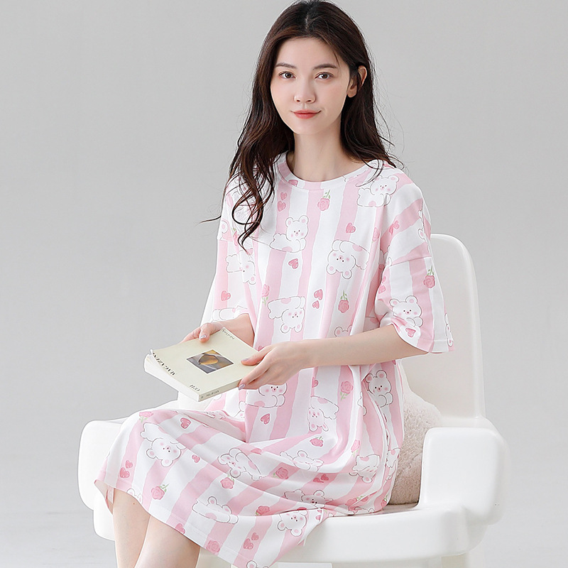B958-High quality pure cotton nightdress women's short sleeve summer thin cotton long large size summer cotton pajamas home clothes