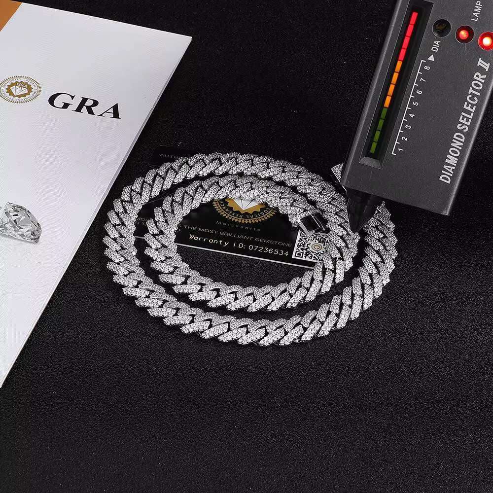 European American Trendy Brand Mens 12mm S925 Silver Mosan Diamond Cuban Chain Necklace Hip-hop Cross-Border Jewelry