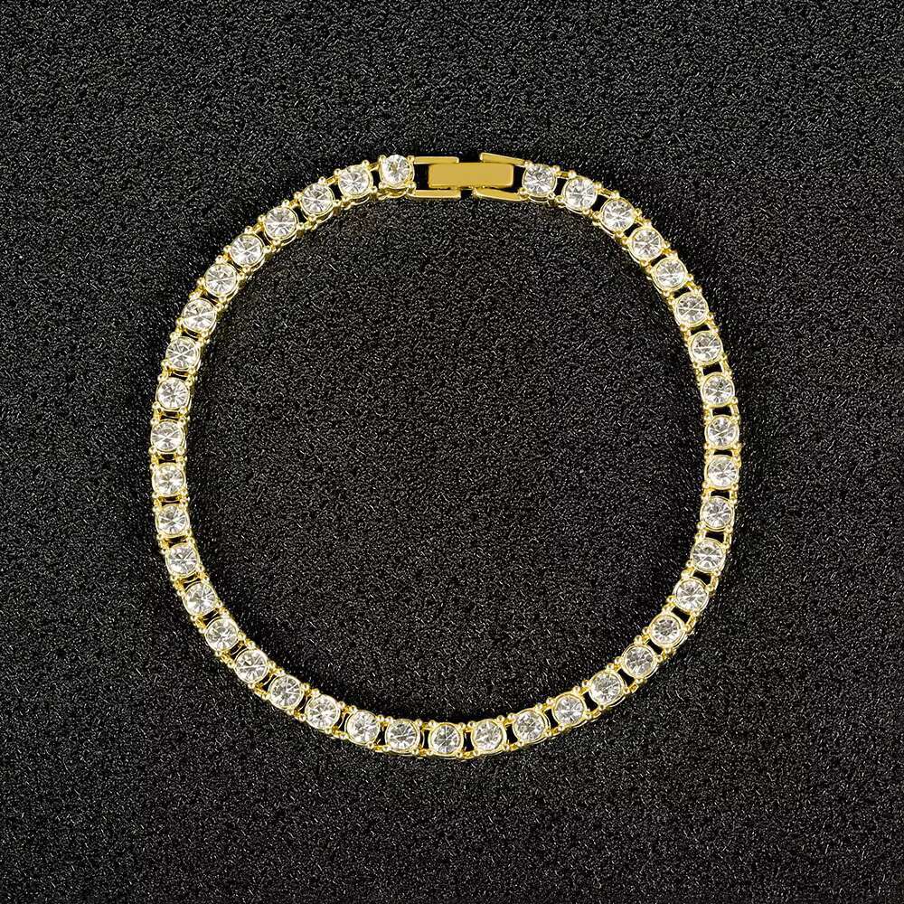 4mm Single-Row Tennis Chain Full Diamond Alloy Rhinestone Necklace Gold Plating Hip-Hop Style Featuring Silver Brass Pearl Link