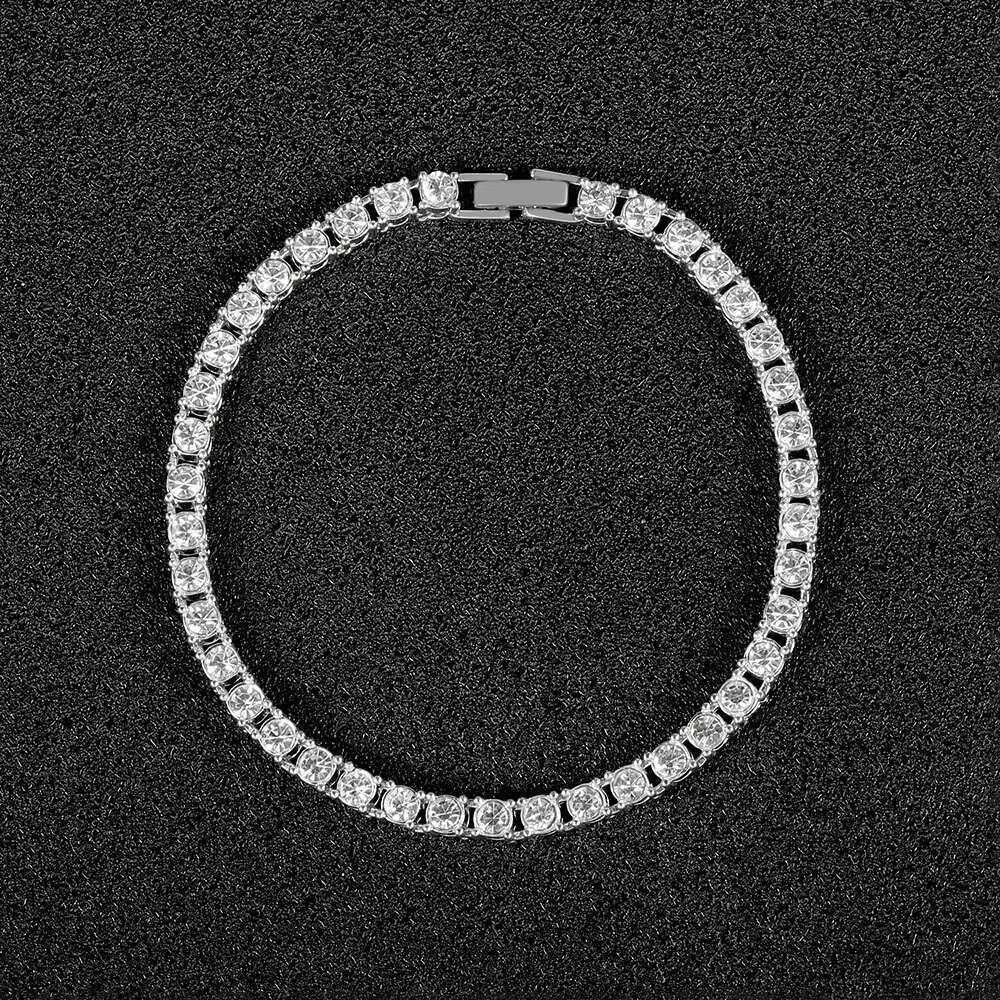 4mm Single-Row Tennis Chain Full Diamond Alloy Rhinestone Necklace Gold Plating Hip-Hop Style Featuring Silver Brass Pearl Link
