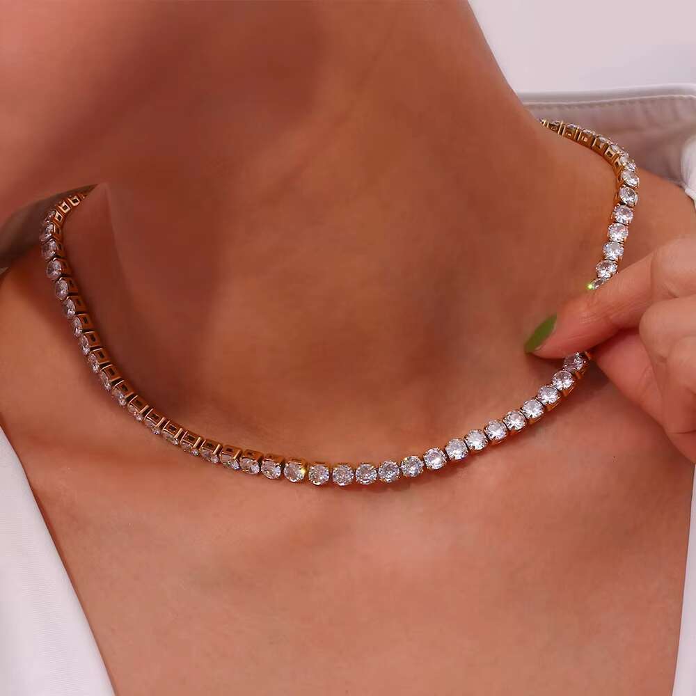 Dingran 2mm 3mm 4mm 5mm Shining Zircon Tennis Chain Necklace 18k Gold Plated Stainless Steel Choker Necklace