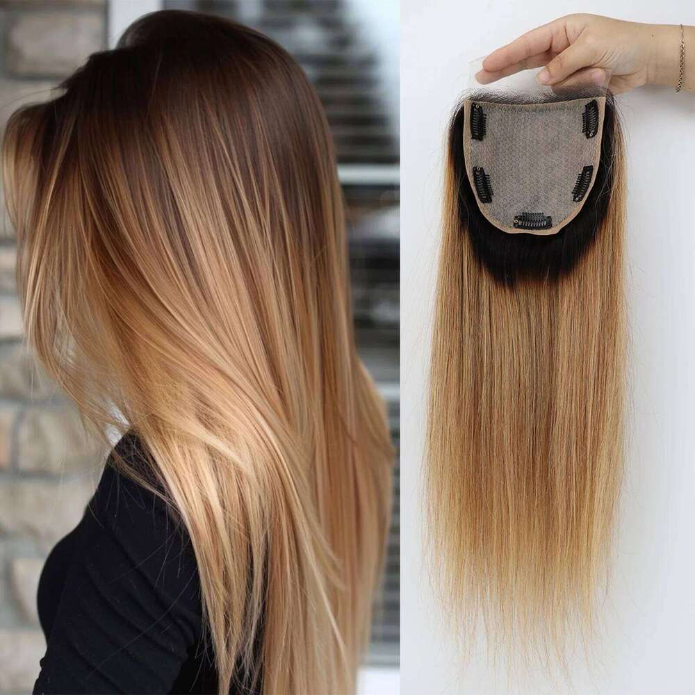 5x5'' Ombre Topper Skin Base Remy Human Hair Silk Top PU around with Clips Natural Scalp Look Lace Front for Women