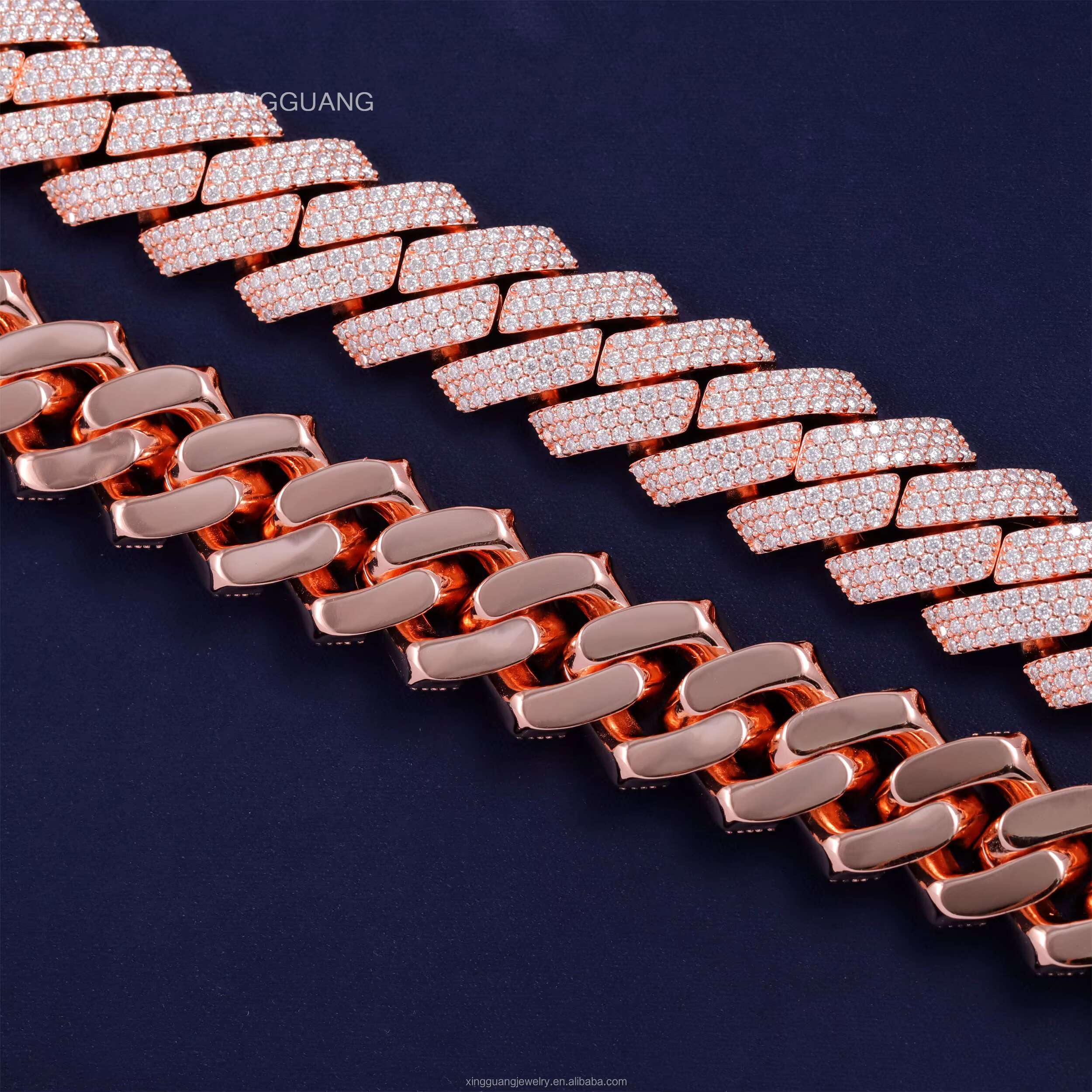 Factory Price 20mm Rose Gold Plated 3rows Cuban Chain S925 Silver With VVS Round Moissanite Hip Hop Necklace Cuban Link Chain