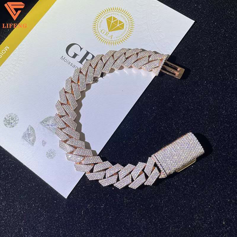 Factory Price15mm With 925 Solid Silver Iced Out Hip Hop Jewelry Moissanite Cuban Link Chain Bracelet Men