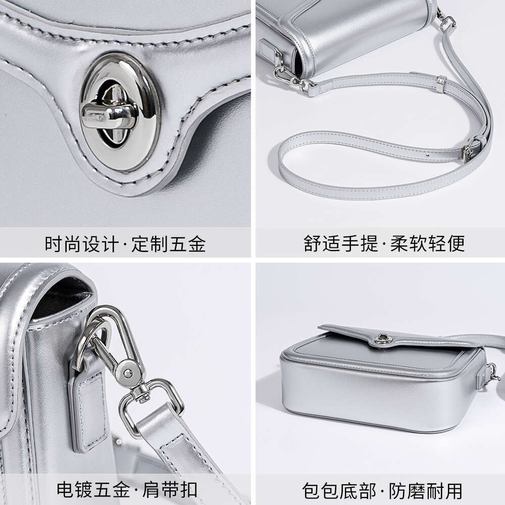 Luxury new Korean style niche design tofu fashion high-end lock silver leather shoulder messenger bag female
