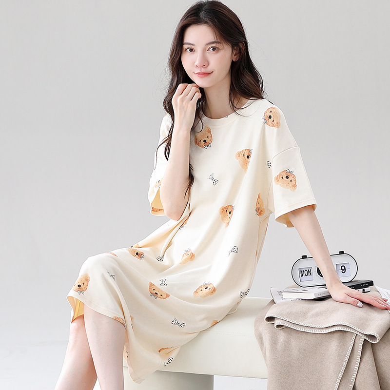 B958-High quality pure cotton nightdress women's short sleeve summer thin cotton long large size summer cotton pajamas home clothes