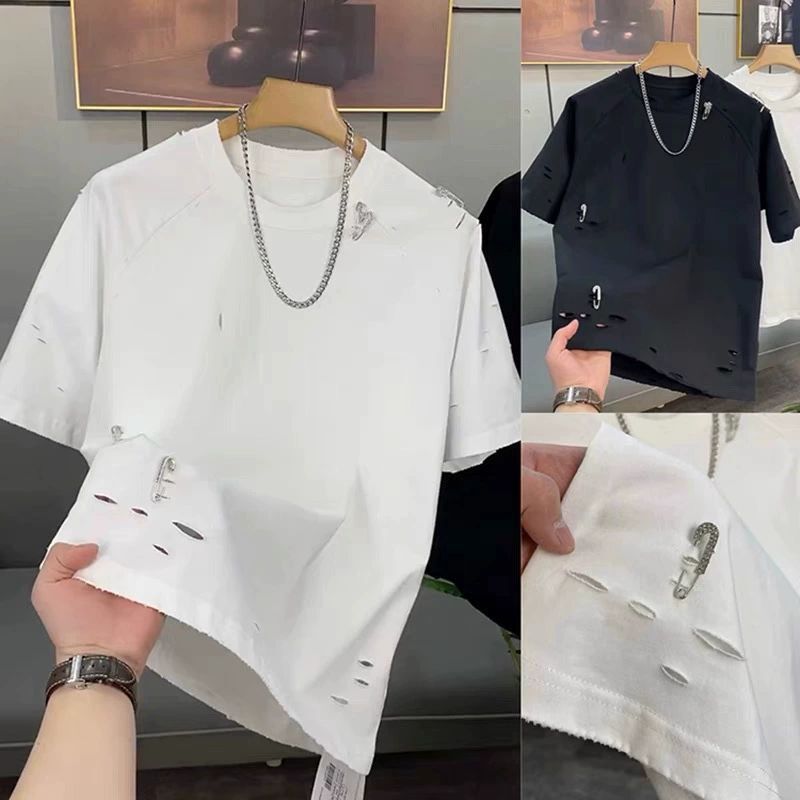 2023 Summer Short Sleeve T-shirt For Men, Designer Short Sleeves Stylish Distressed With Rhinestones And Pins, Cotton Half Sleeve Fashionable Men'