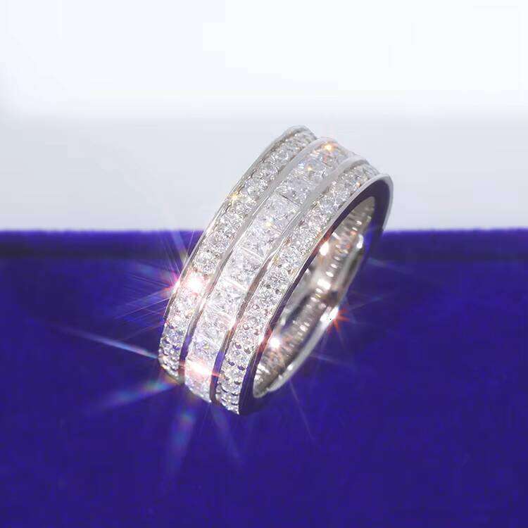 Professional Custom Jewelry 3 Rows Round Moissanite S Sier Plated White Gold Engagement Rings for Women Men Daily