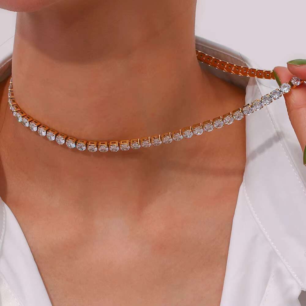 Fashion Jewelry Full Cubic Zirconia Necklaces 18K Gold Plated Stainless Steel Crystal Tennis Chain Clavicle Necklace YF3356